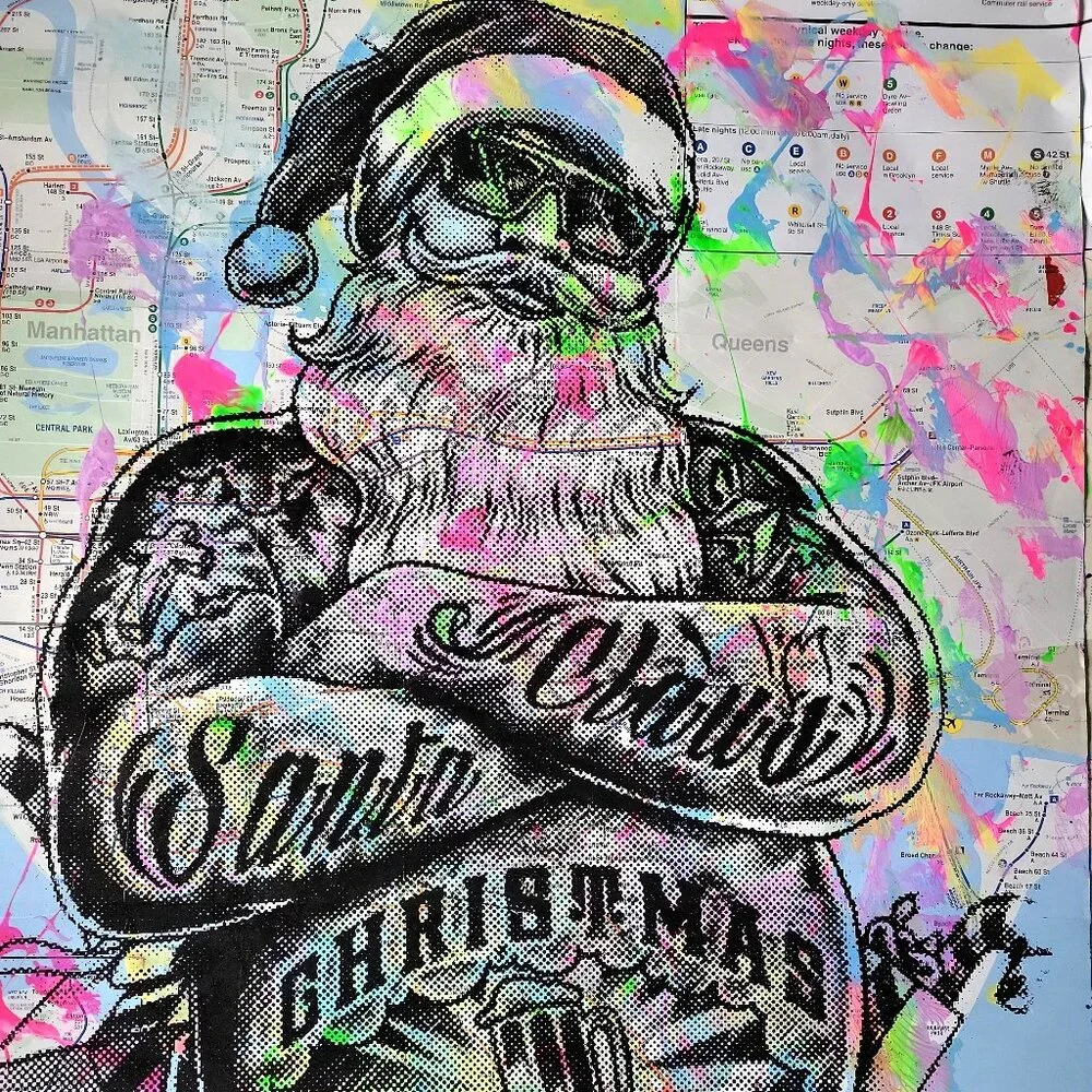 Handpainted Tattoo Santa Claus Acrylic artwork on NYC Subway Map Christmas Decor - Picture 1 of 6